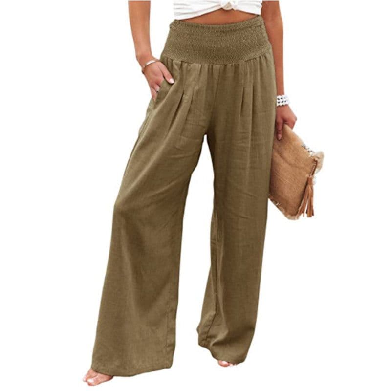 image-Europe and America Cross Border Amazon Spring New Casual Wide-Leg Pants Smocking High Waist Pure Color Casual Long Pants for Women