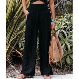 image-Europe and America Cross Border Amazon Spring New Casual Wide-Leg Pants Smocking High Waist Pure Color Casual Long Pants for Women
