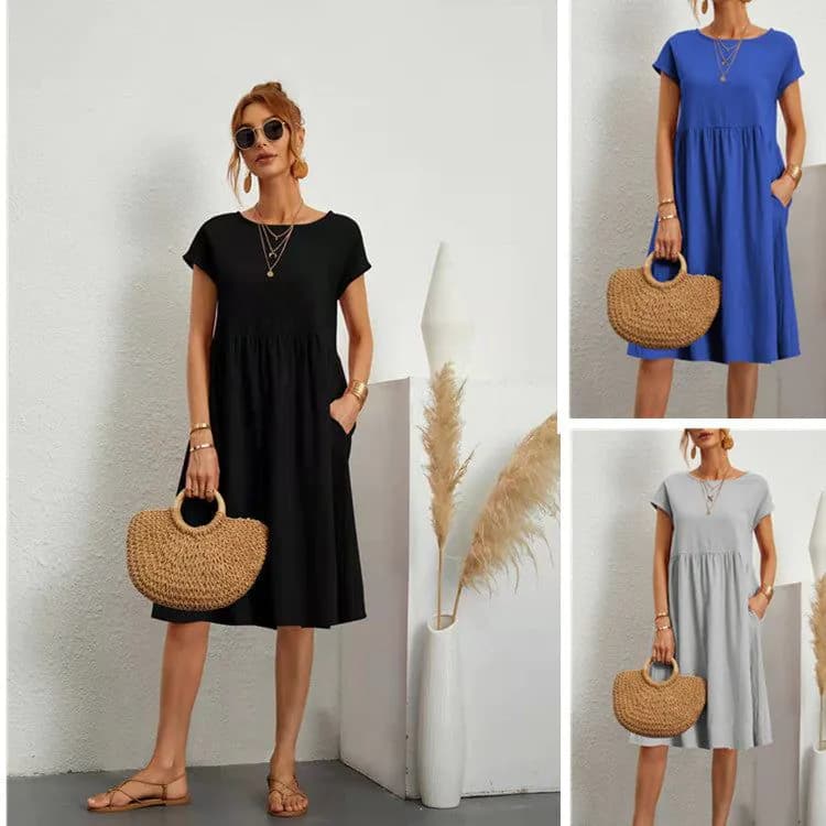 image-Amazon 2023 summer cross-border supply OL temperament women's cotton round neck A-line skirt dress manufacturer wholesale women