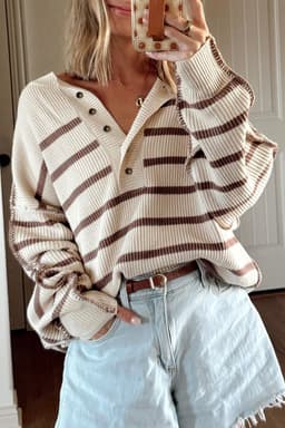 image-Brown Stripe Ribbed Henley Drop Shoulder Slouchy Sweater