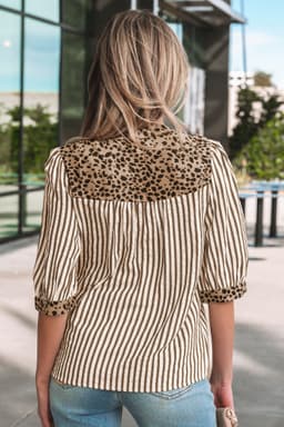 image-Pink Stripe Leopard Trim V Neck Button Down Half Sleeve Shirt