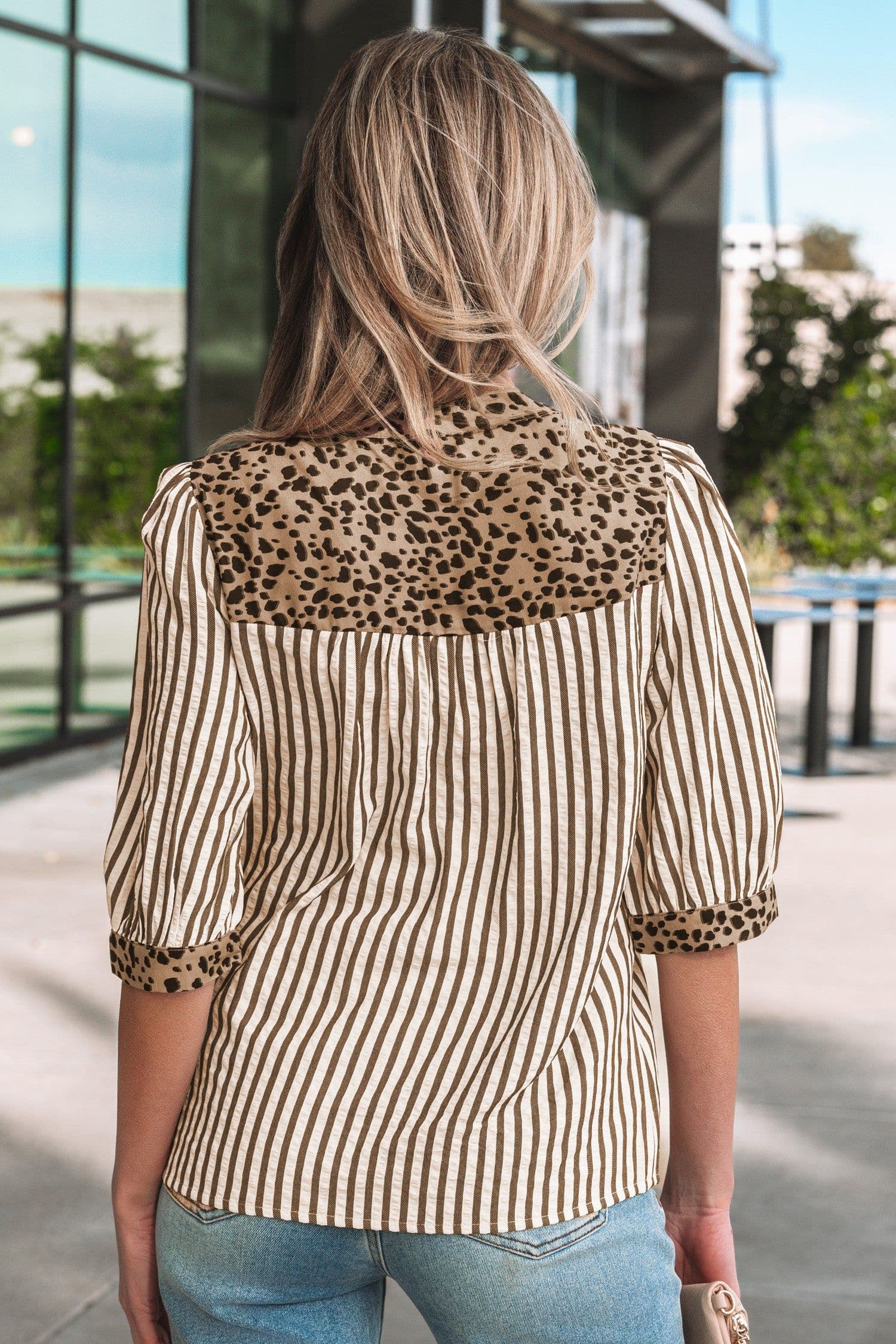 image-Pink Stripe Leopard Trim V Neck Button Down Shirt