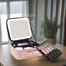 image-Cross-border spot LED light with light mirror cosmetic bag large capacity portable travel cosmetic bag with light cosmetic case