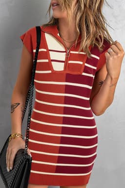 image-Brown Stripe Color Block Sweater Dress - Short Sleeve Quarter Zip Collar
