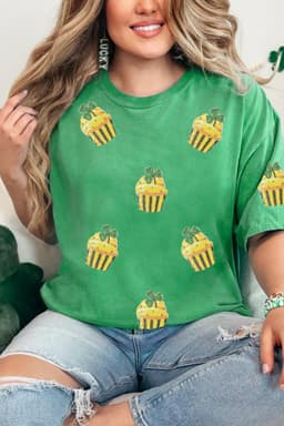 image-Bright Green St Patricks Day Sequin Cupcake Graphic T Shirt