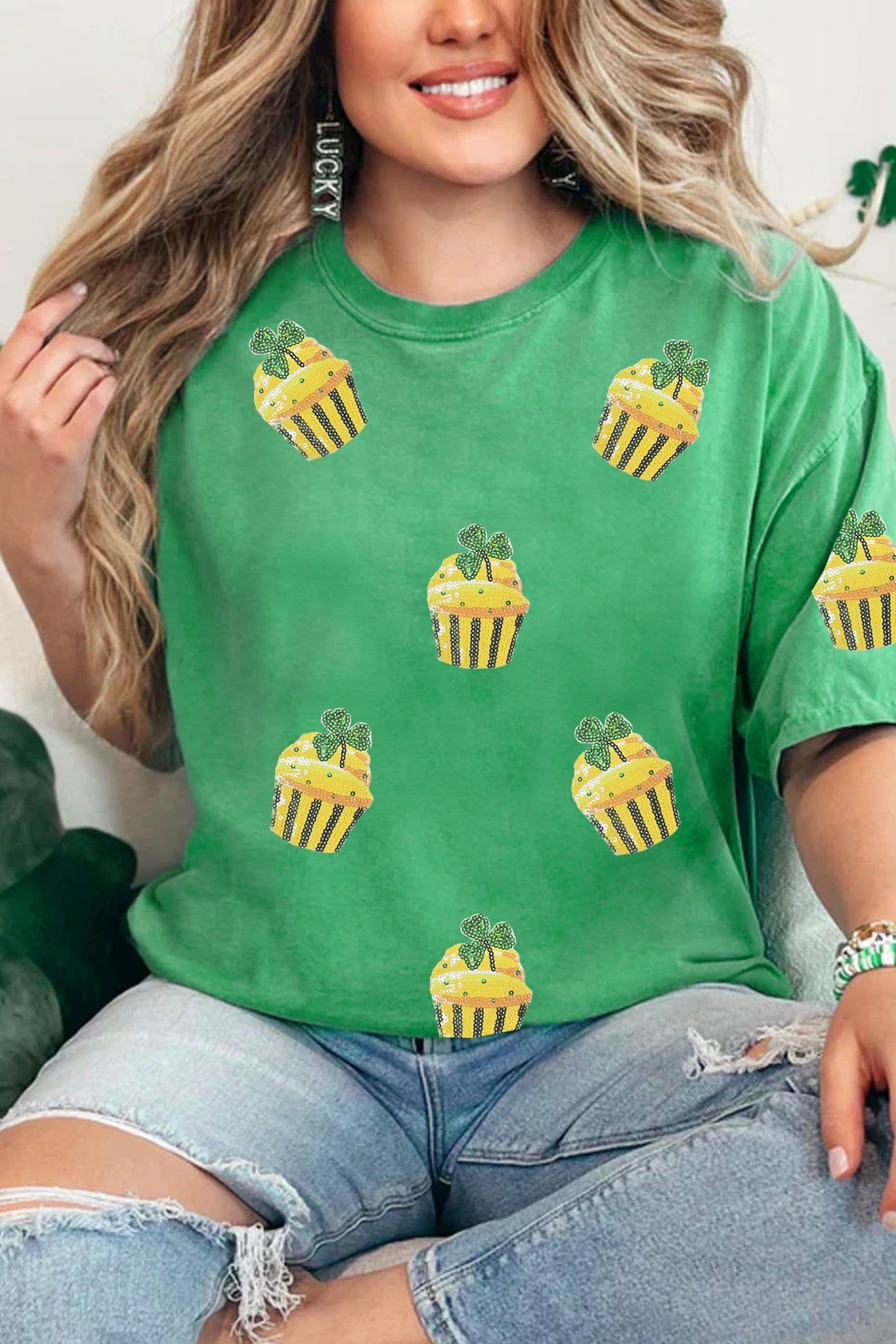 image-Bright Green St Patricks Day Sequin Cupcake Graphic T Shirt