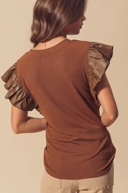image-Cinnamon Leather Ruffle Sleeve Blouse
