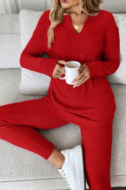 image-Racing Red Ribbed Notched Neck Knit Long Sleeve Leggings Two Pieces Lounge Set