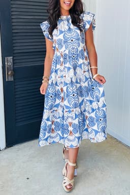image-Sky Blue Tropical Botanic Print Flutter Sleeve Vacation Long Dress