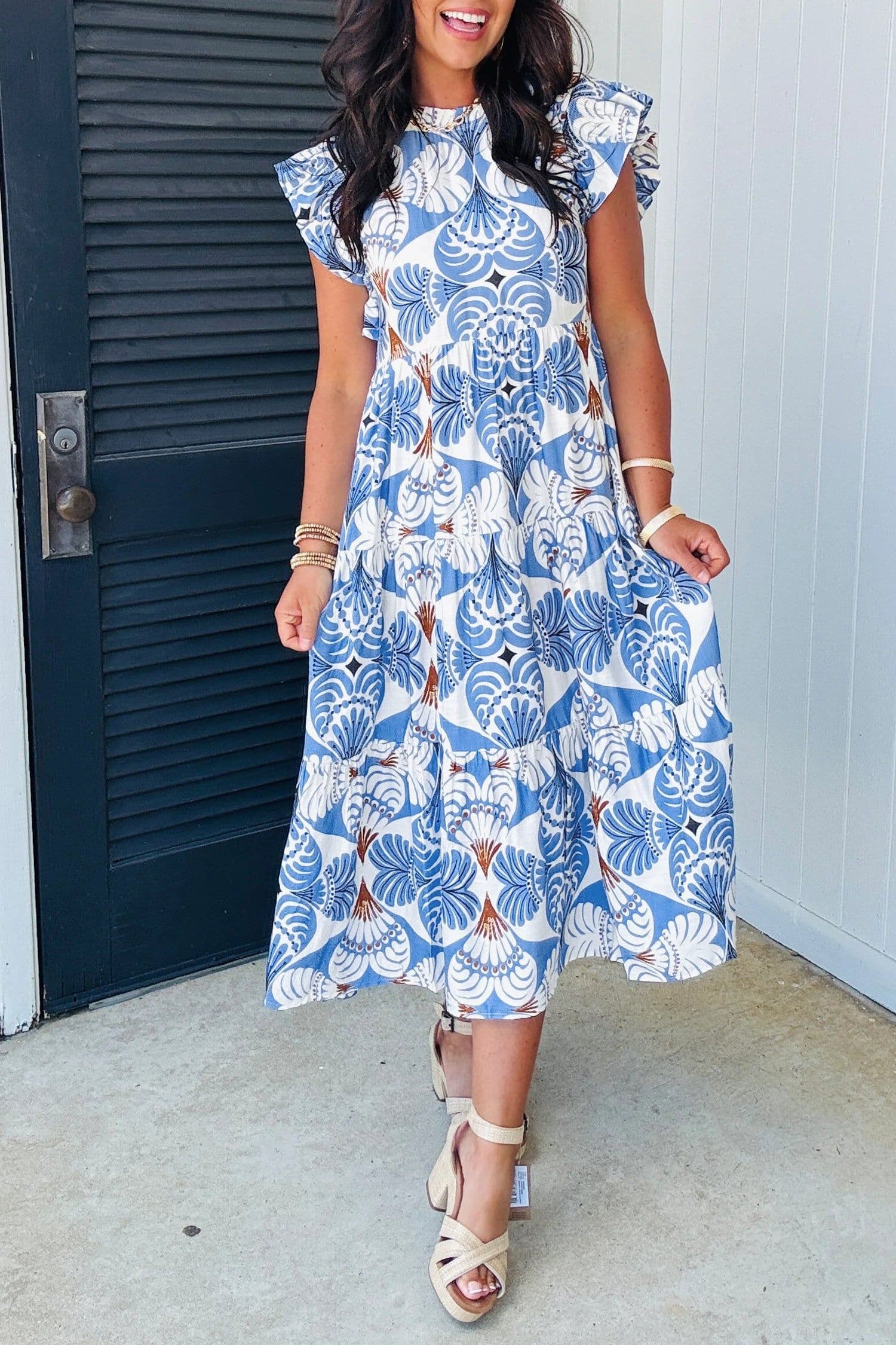 image-Sky Blue Tropical Botanic Print Flutter Sleeve Vacation Long Dress