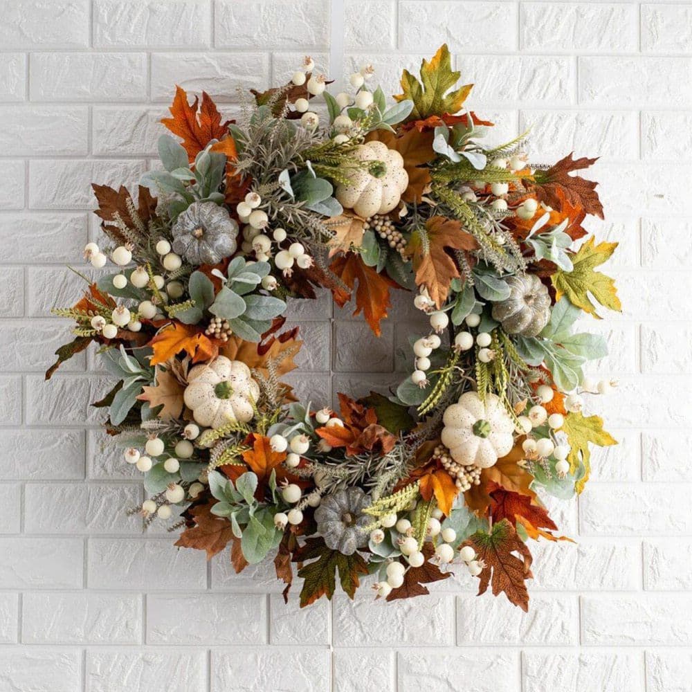 image-Independent stand autumn white pumpkin maple leaf wreath Amazon Thanksgiving harvest festival autumn simulation wreath pumpkin