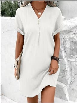 image-Cross-border European and American women's clothing 2023 new Amazon V-neck solid color pullover comfortable casual button dress