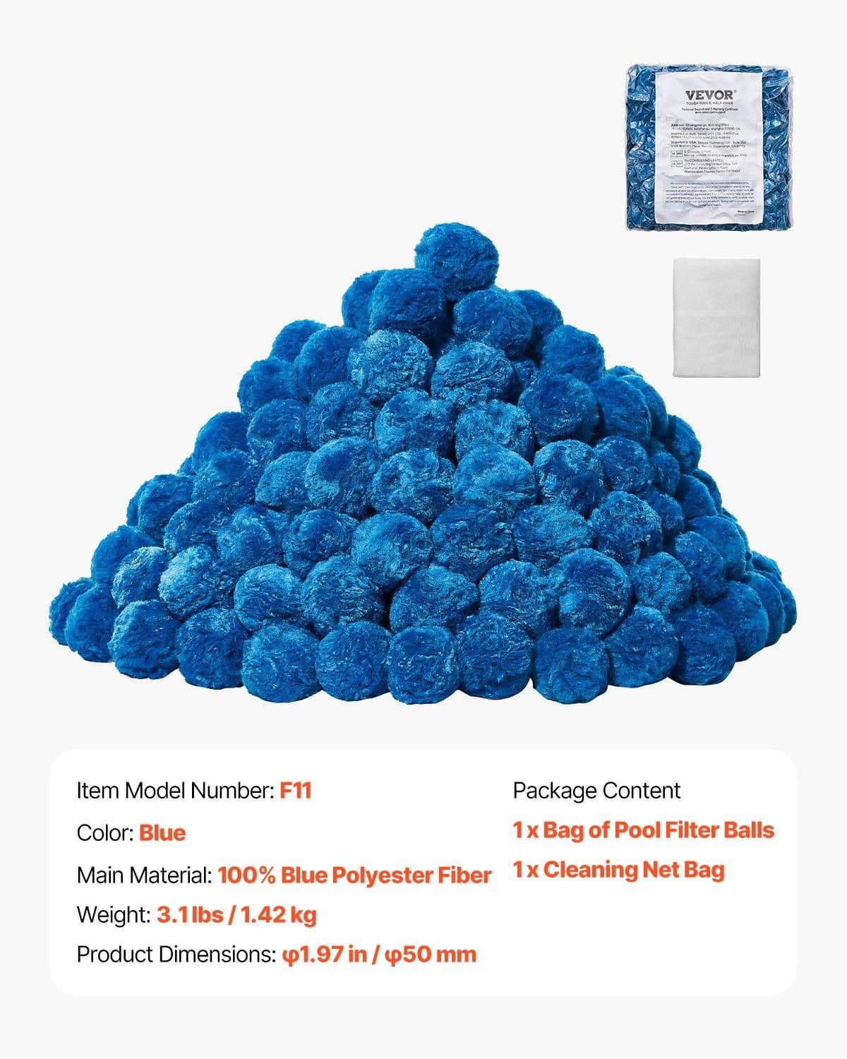 image-VEVOR Pool Filter Balls for Sand Filter, 3.1 lbs, Filter Balls Replace Pool Filter Sand, Reusable Blue Polyester Fiber Filter Media with Wash Bag, for Swimming Pool Aquarium Tank Above Ground Pool