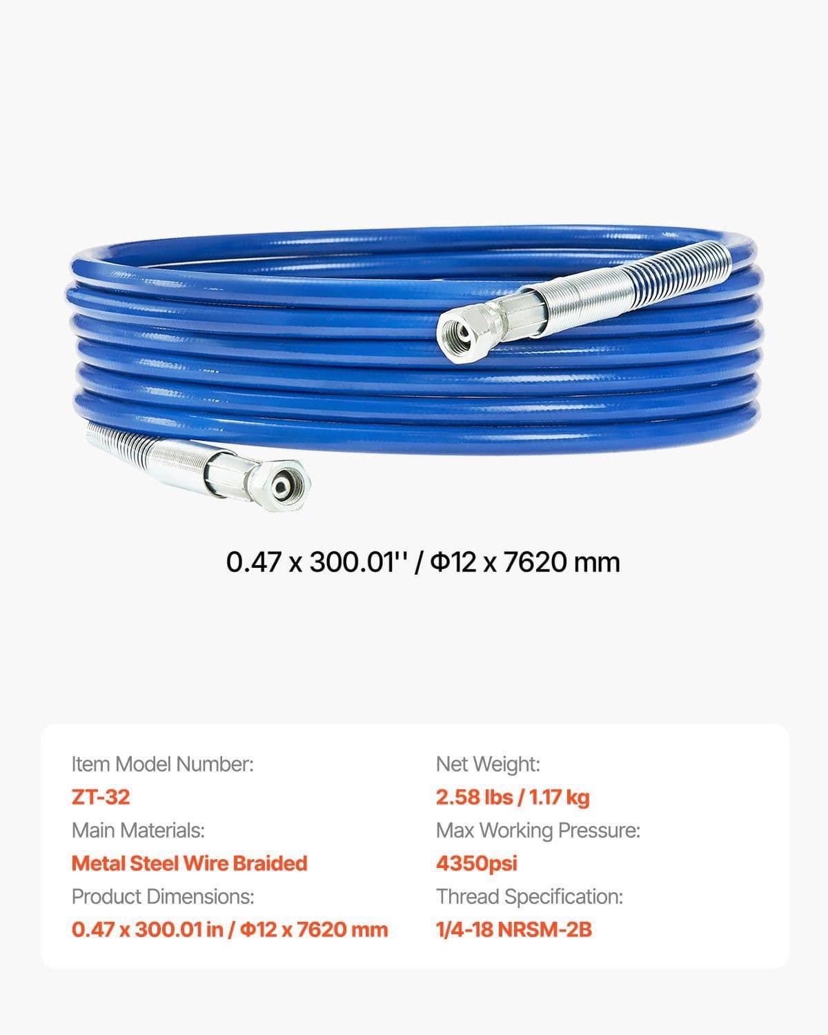 image-VEVOR 25ft Airless Paint Sprayer Hose, 1/4 in Universal Airless Paint Spray Hose, 4350 PSI High Pressure Flexible Airless Sprayer Hose, Multi-Layer Reinforced Steel Wire Braid Hose for Paint Sprayer