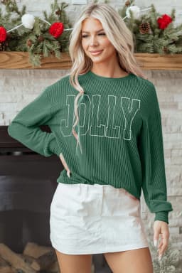image-Blackish Green Twisted Rib Outlined Merry Letter Graphic Loose Long Sleeve Top