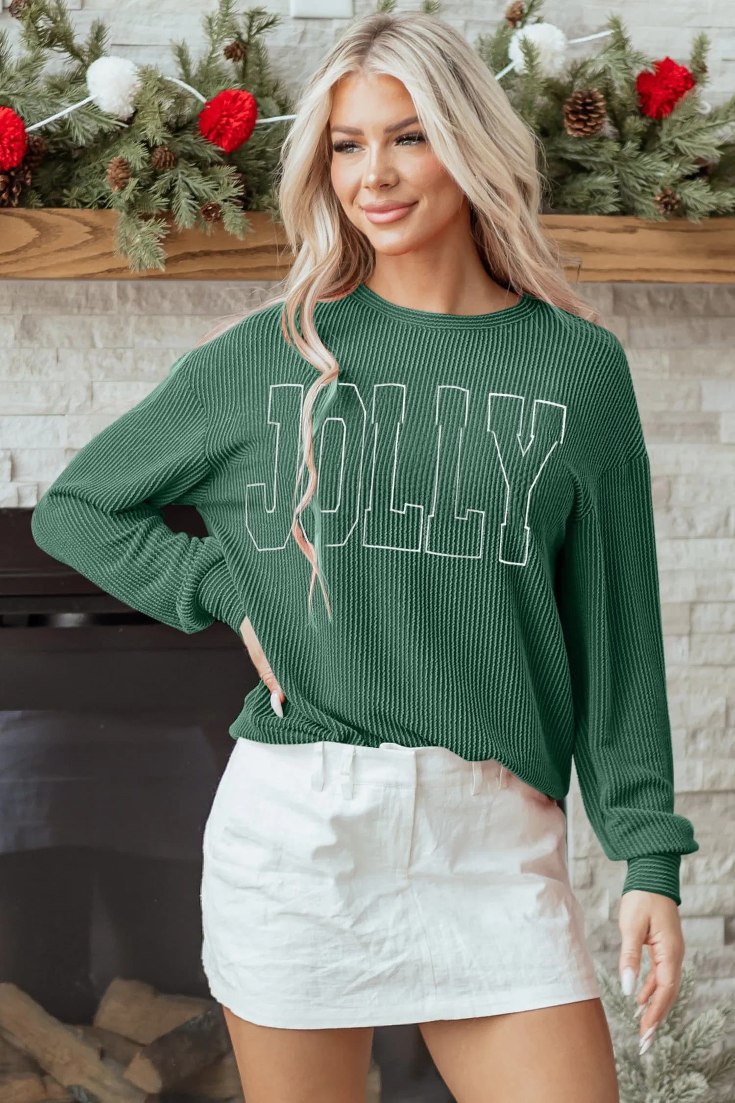 image-Blackish Green Twisted Rib Outlined Merry Letter Graphic Loose Long Sleeve Top