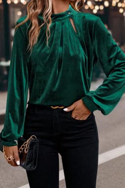 image-Evergreen Asymmetric Button Keyhole Neck Long Sleeve Velvet Blouse