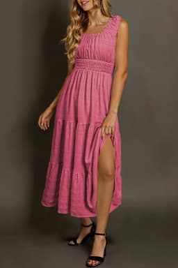 image-Rose Shirred Pleated Square Neck Sleeveless Midi Dress