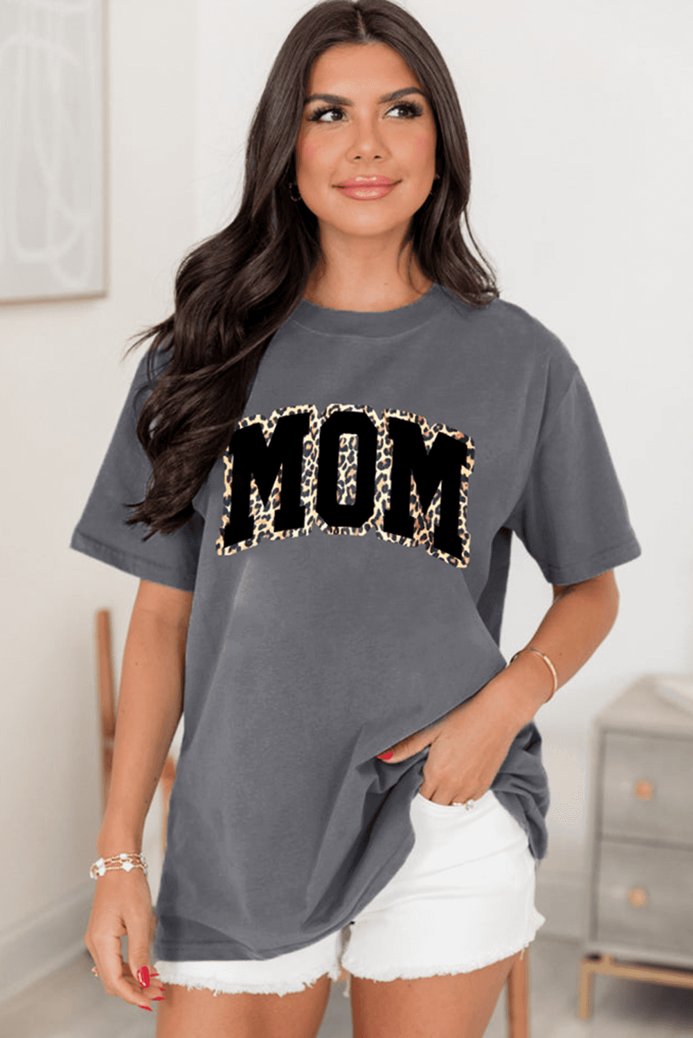 image-Gray Leopard MOM Graphic Crewneck T-Shirt