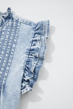 image-Beau Blue Ruffle Pleated Detail Vintage Washed Denim Top