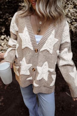 image-Sherpa Star Pattern Textured Cardigan - Khaki with Pockets