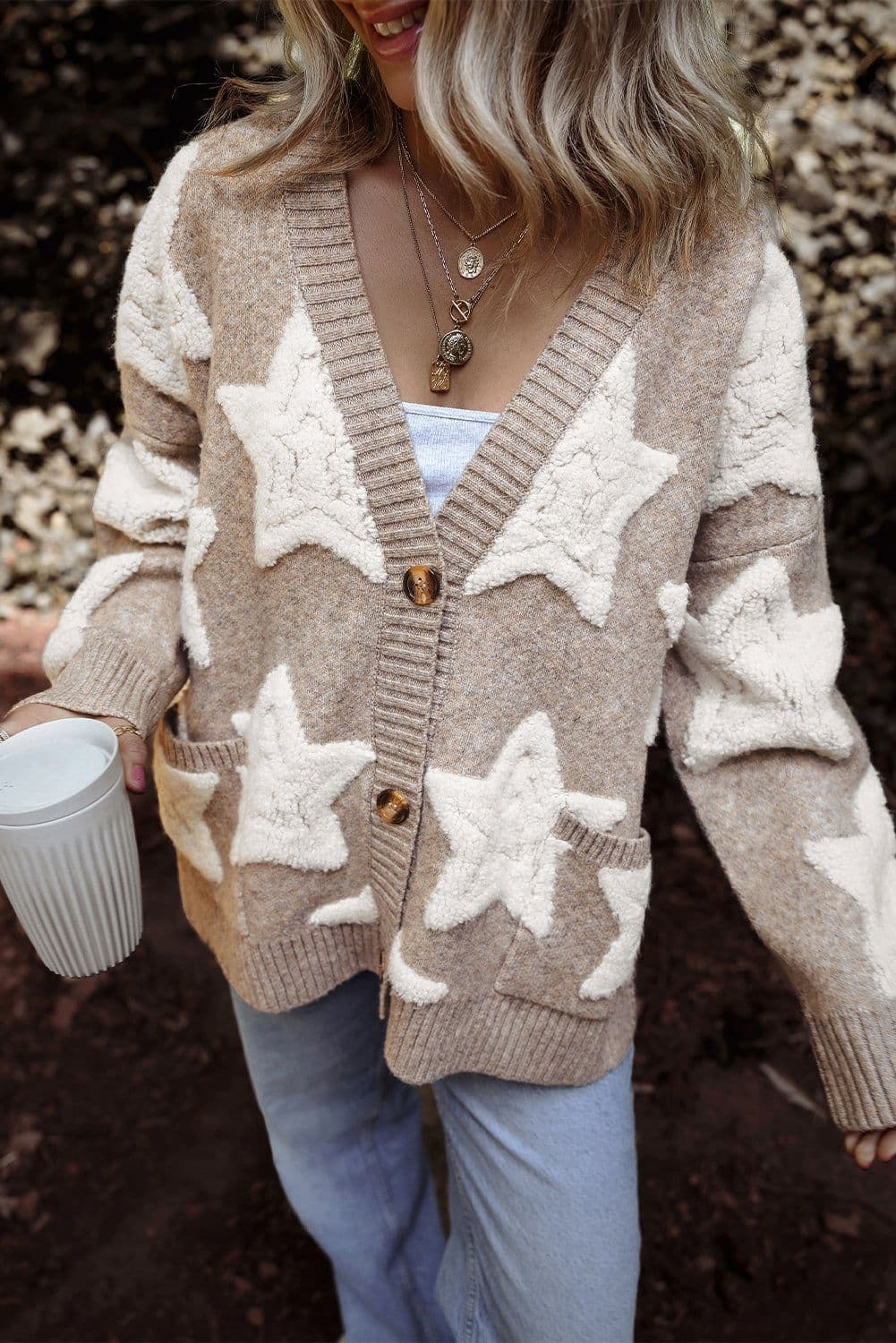 image-Sherpa Star Pattern Textured Cardigan - Khaki with Pockets