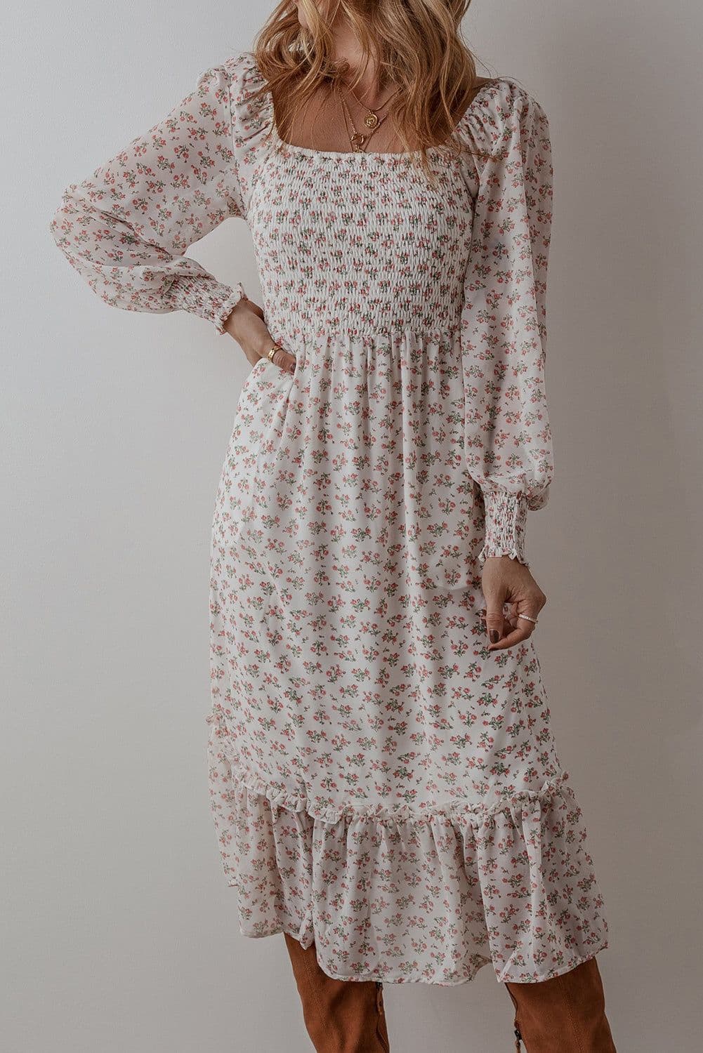 image-Floral Print Shirred Ruffled Hem Midi Dress - White