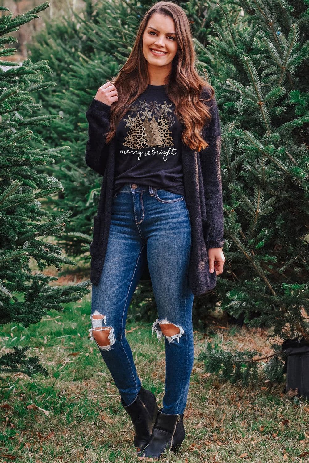 image-Black Leopard Christmas Tree Graphic Crew Neck T-Shirt
