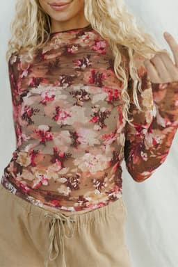 image-Floral Print Sheer Mesh Long Sleeve Top - XL Size