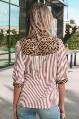 image-Pink Stripe Leopard Trim V Neck Button Down Half Sleeve Shirt