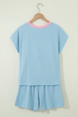 image-Aqua Soft Ribbed Color Block Trim Casual Shorts Set