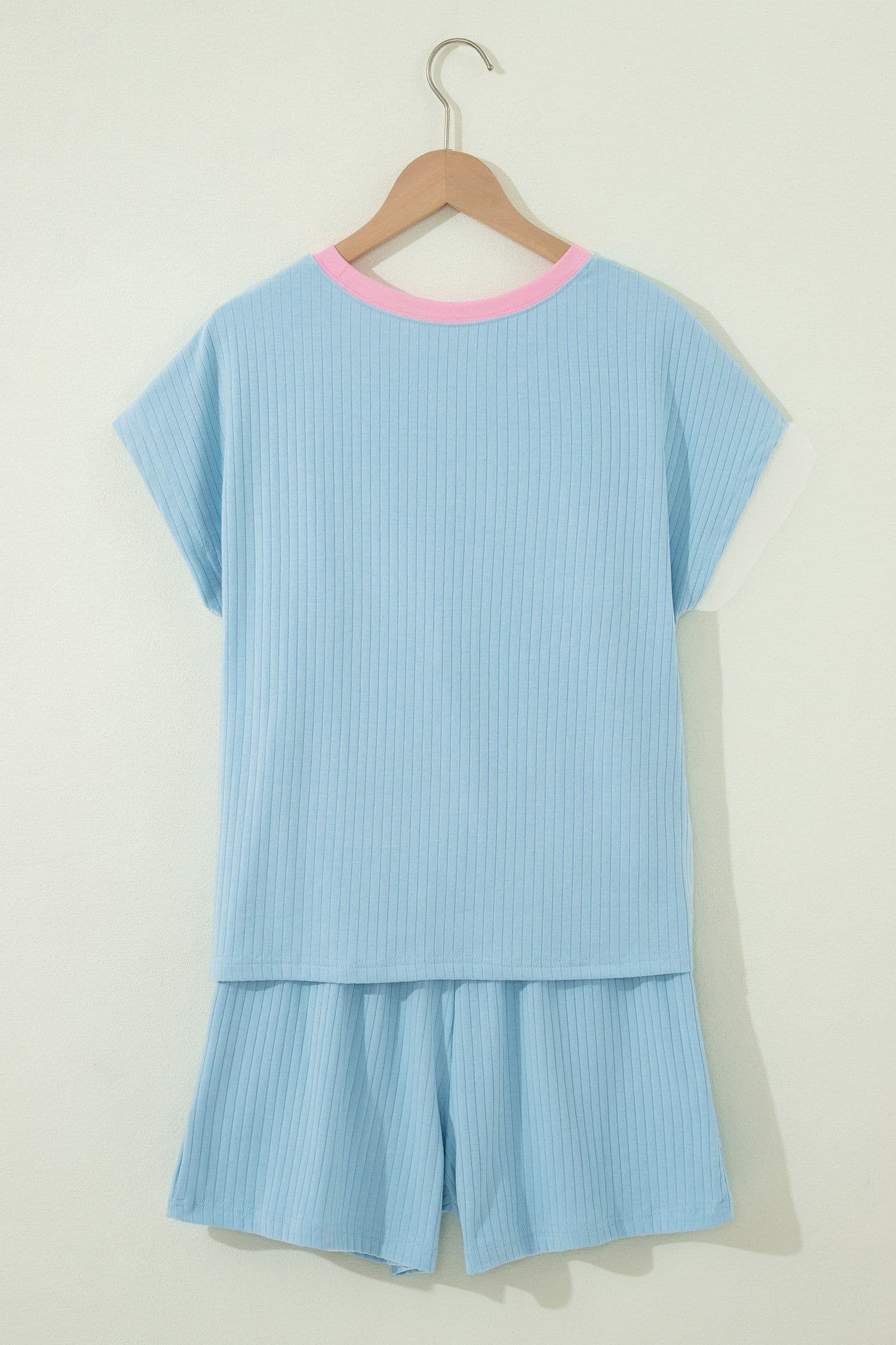 image-Aqua Soft Ribbed Color Block Trim Casual Shorts Set