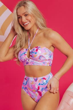 image-Pink Floral Halter Bikini High Waist