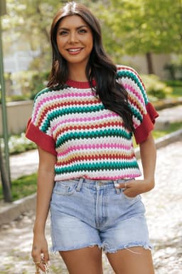 image-Fiery Red Trimmed Ruffle Sleeve Colorful Textured Sweater