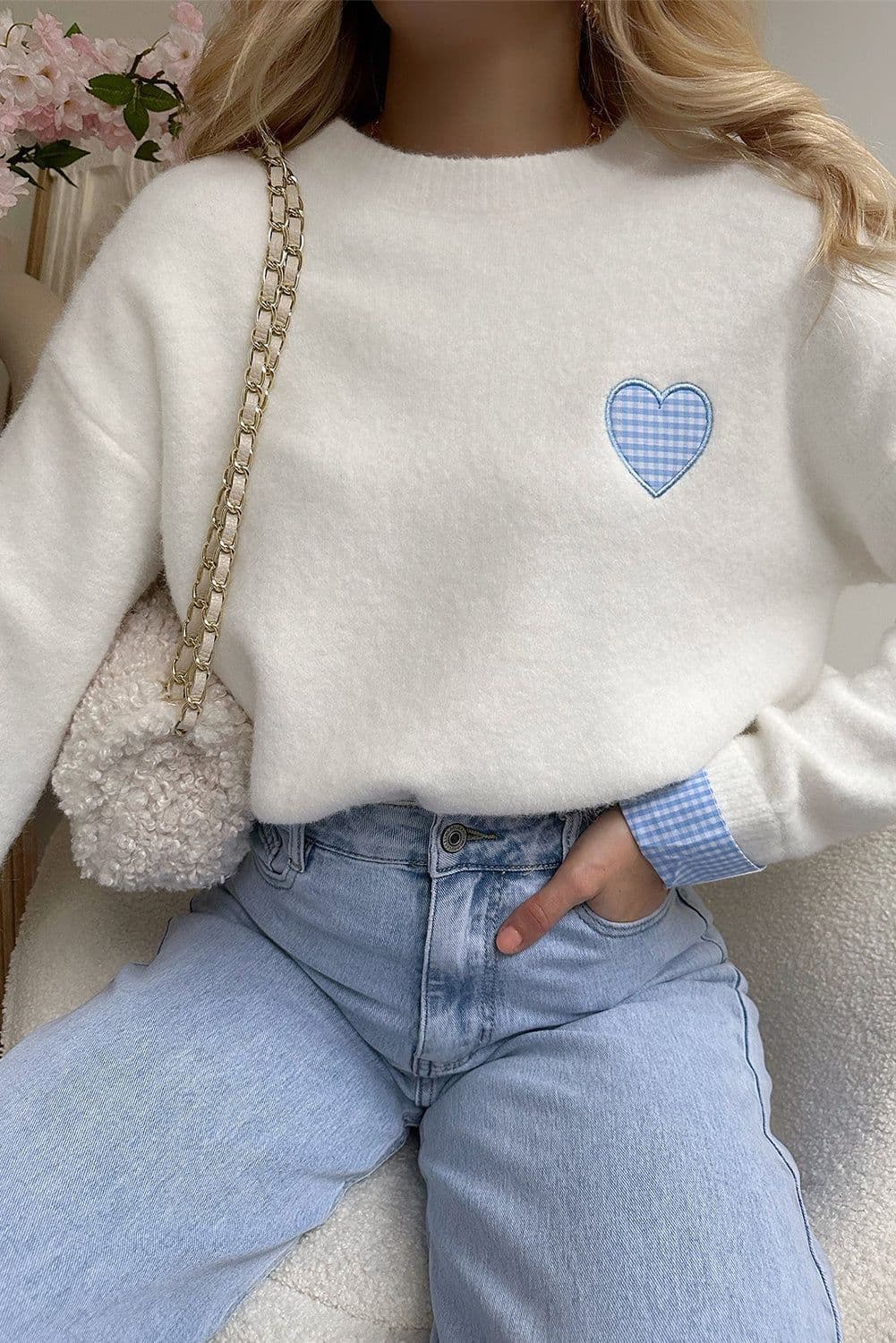 image-White Plaid Heart Embroidered Cuffed Drop Shoulder Crew Neck Sweater