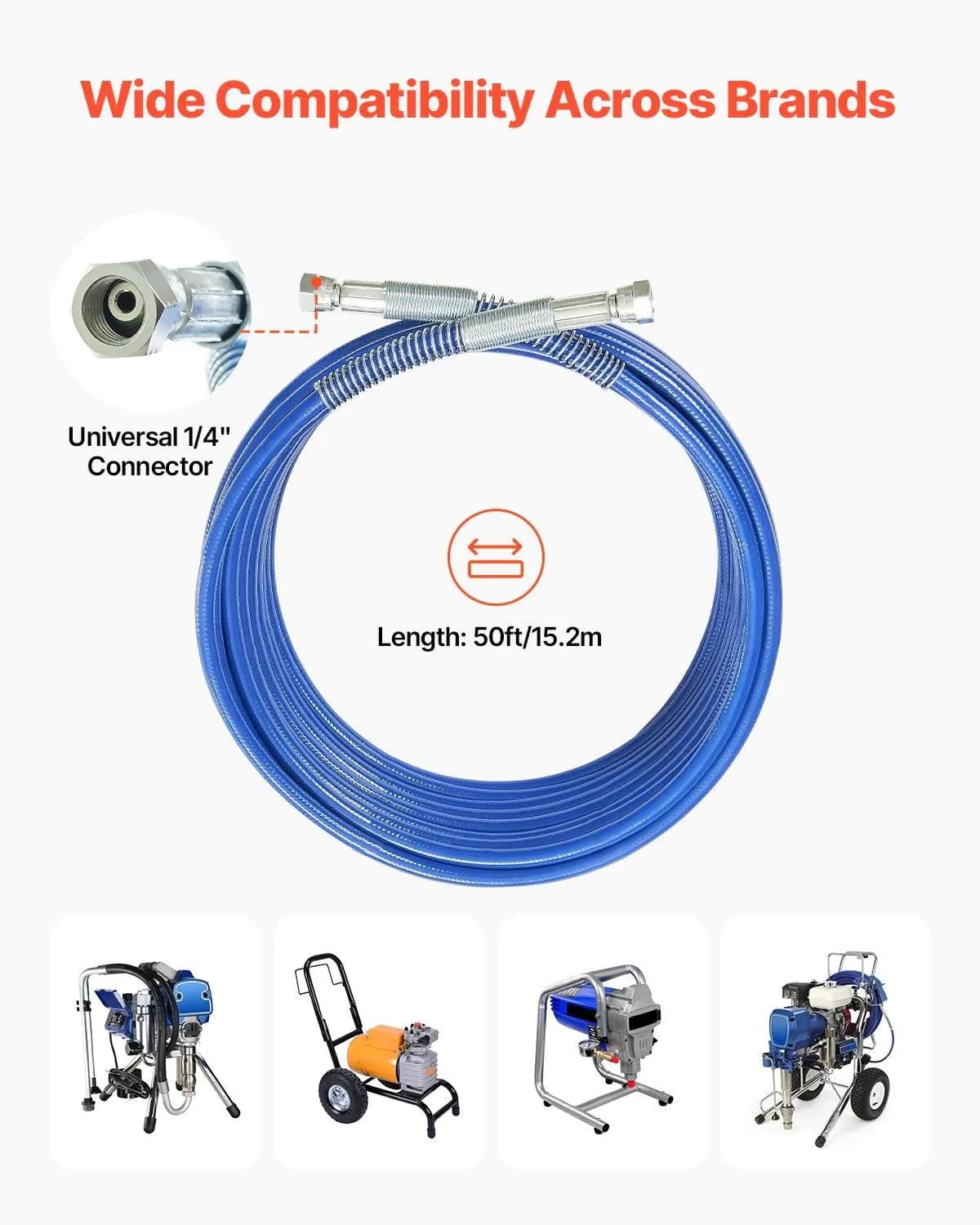 image-VEVOR 50ft Airless Paint Sprayer Hose, 1/4 in Universal Airless Paint Spray Hose, 4350 PSI High Pressure Flexible Airless Sprayer Hose, Multi-Layer Reinforced Steel Wire Braid Hose for Paint Sprayer