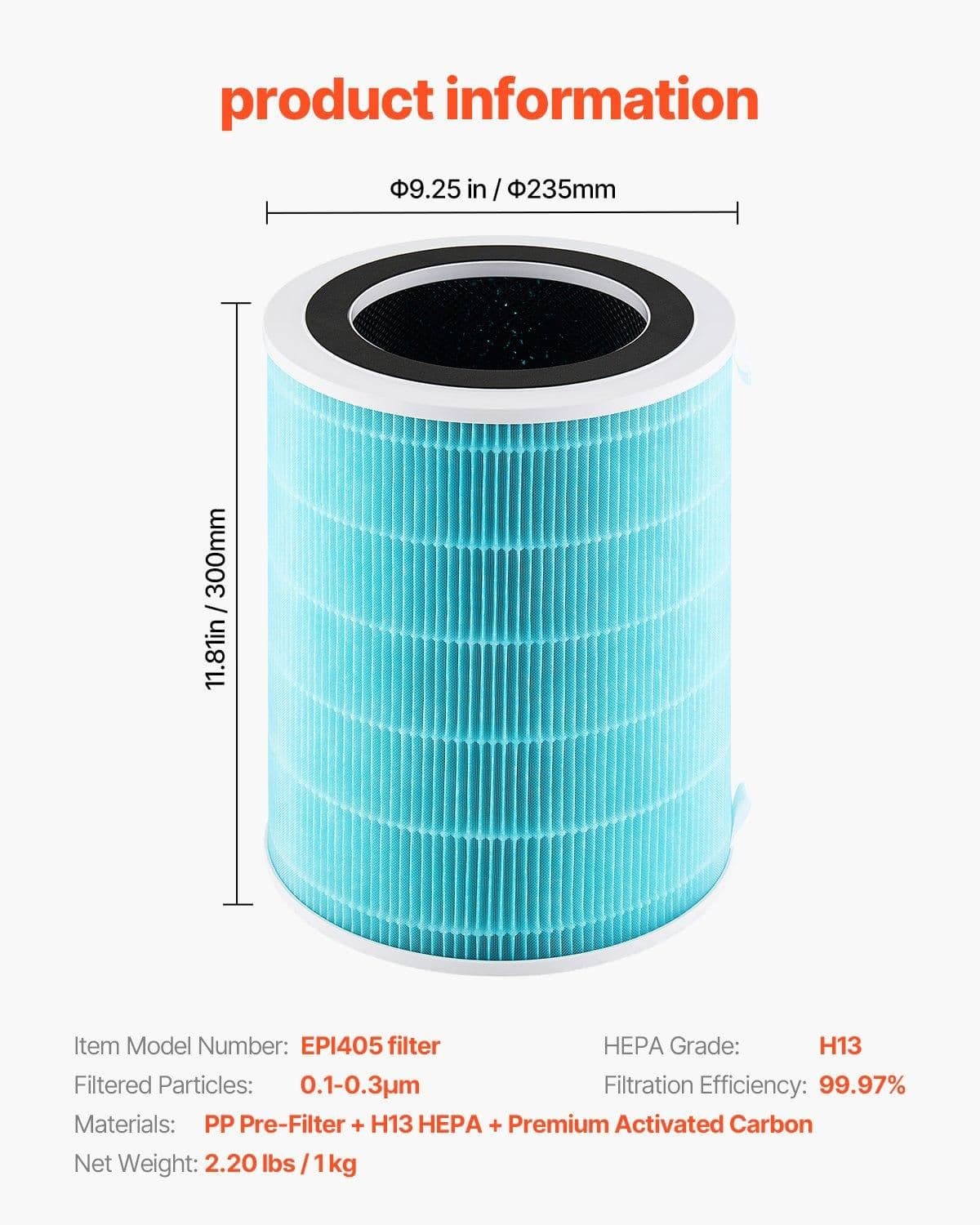 image-VEVOR Air Purifier Replacement Filter, H13, 3-in-1 Compact & Lightweight Replacement Filter with Sturdy PP Pre-Filter, Easy-to-Grab Purifier Filter with Activated Carbon, Fit for Cylindrical Purifier