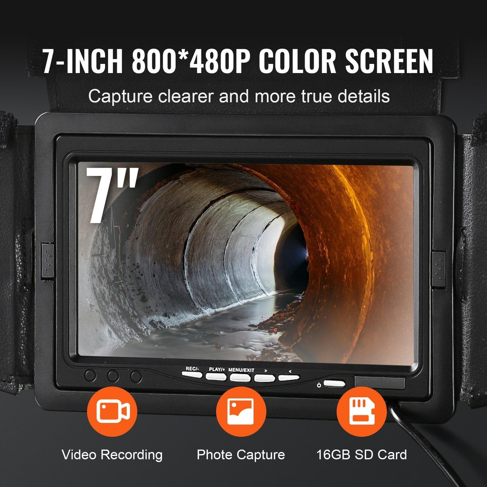 image-VEVOR Sewer Camera, 165 ft/50 m, 7" Screen Pipeline Inspection Camera with DVR Function, Waterproof IP68 Camera, 12pcs Adjustable LED, with a 16 GB SD Card for Sewer Line, Duct Drain Pipe Plumbing