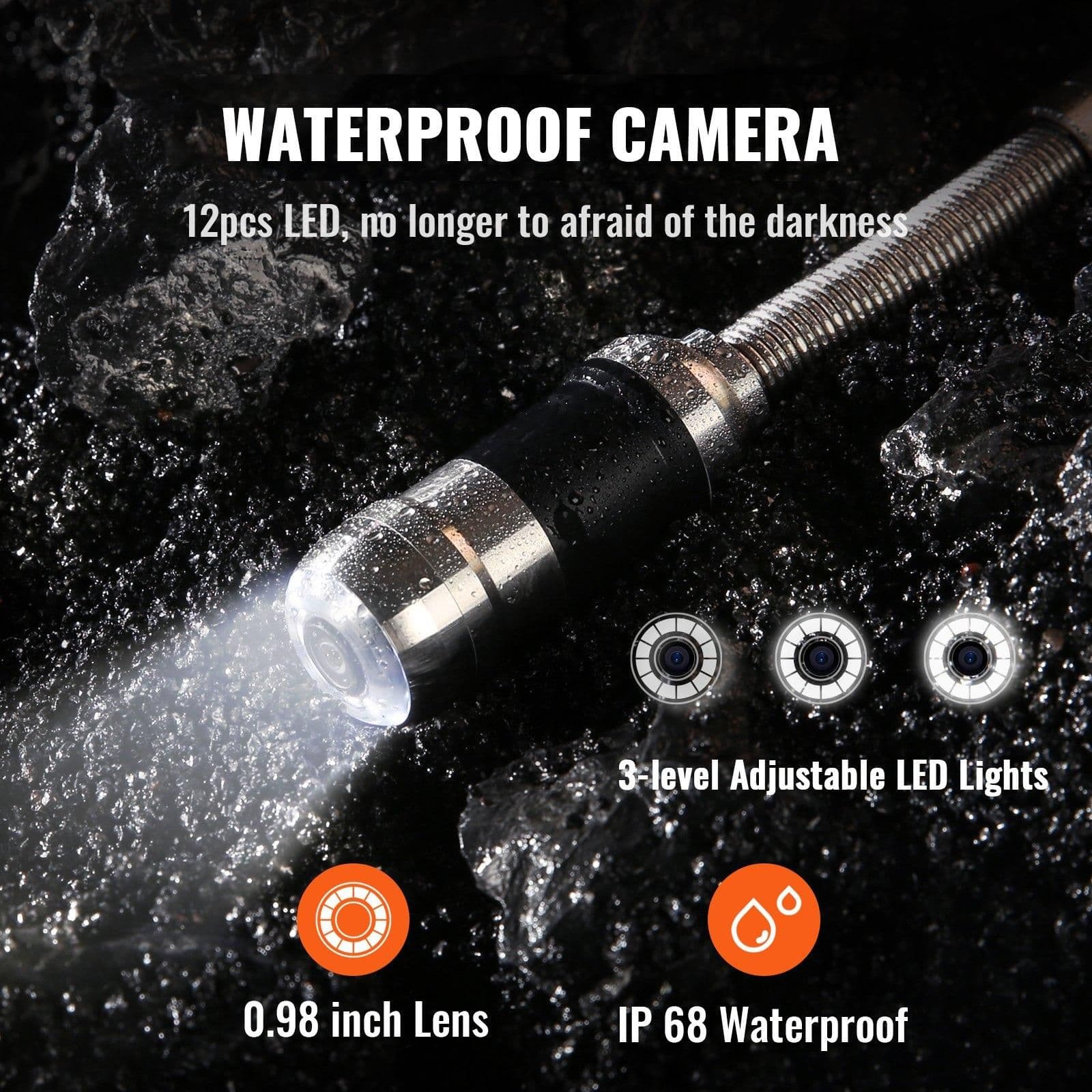 image-VEVOR Sewer Camera, 165 ft/50 m, 7" Screen Pipeline Inspection Camera with DVR Function, Waterproof IP68 Camera, 12pcs Adjustable LED, with a 16 GB SD Card for Sewer Line, Duct Drain Pipe Plumbing