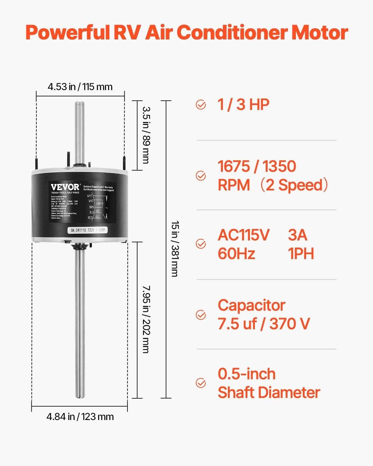 image-VEVOR 1/3HP RV Air Conditioner Motor with Capacitor, AC115V 3A, 1675 RPM, Replacement for Coleman Mach RV AC Fan Motor, Replaces Fasco D1092, 1468-306, 1468-3068, 1468-3069, 7184-0156, 7184-0432
