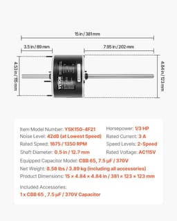 image-VEVOR 1/3HP RV Air Conditioner Motor with Capacitor, AC115V 3A, 1675 RPM, Replacement for Coleman Mach RV AC Fan Motor, Replaces Fasco D1092, 1468-306, 1468-3068, 1468-3069, 7184-0156, 7184-0432
