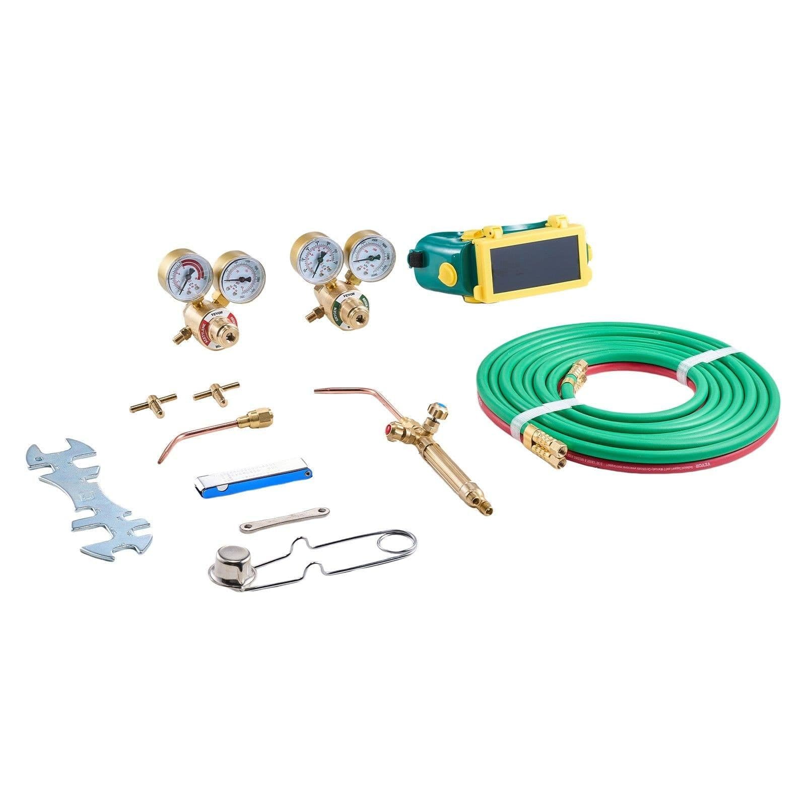 image-VEVOR Oxygen Acetylene Torch Kit, Gas Welding Torch Kit, 14PCS Portable Oxy Acetylene Brazing Set with 177'' Twin-Hose, 2 Welding Tips, Welding Torch, 2 Regulators, Cylinder Holder (without Cylinder)