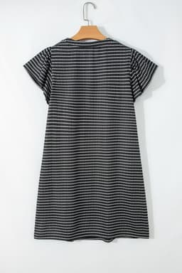 image-Black Stripe Textured Knit V Neck Flutter Sleeve Shift Mini Dress