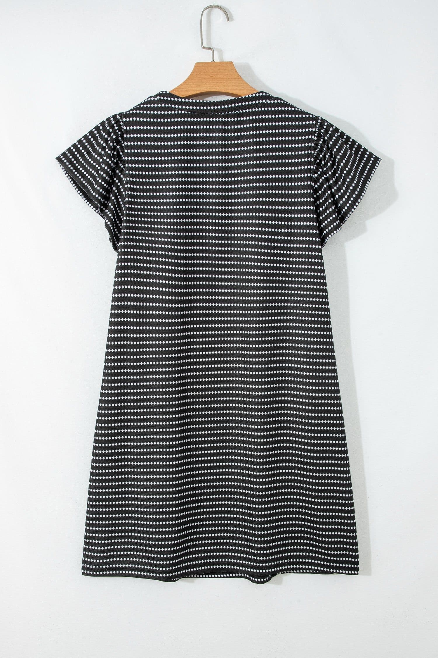 image-Black Stripe Textured Knit V Neck Flutter Sleeve Shift Mini Dress