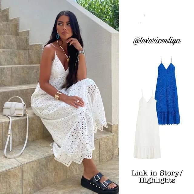 image-European and American Women's Clothing 2023 Summer New V-neck Lace Hollow Embroidered Strap Dress