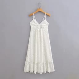 image-European and American Women's Clothing 2023 Summer New V-neck Lace Hollow Embroidered Strap Dress