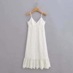 image-European and American Women's Clothing 2023 Summer New V-neck Lace Hollow Embroidered Strap Dress