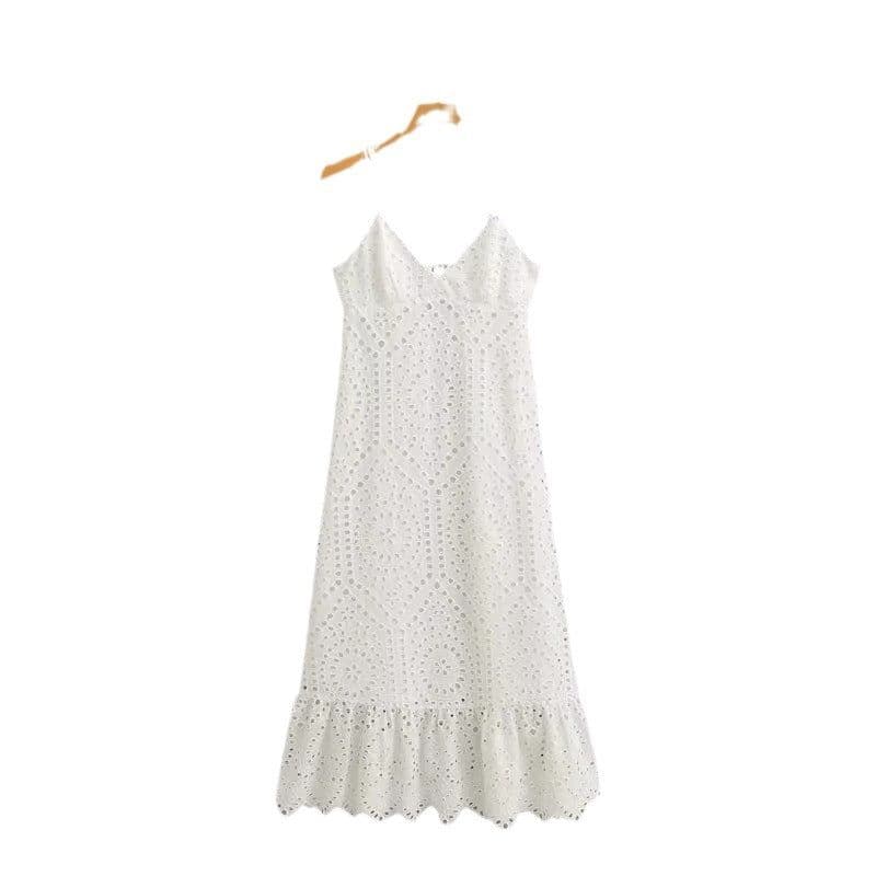 image-European and American Women's Clothing 2023 Summer New V-neck Lace Hollow Embroidered Strap Dress