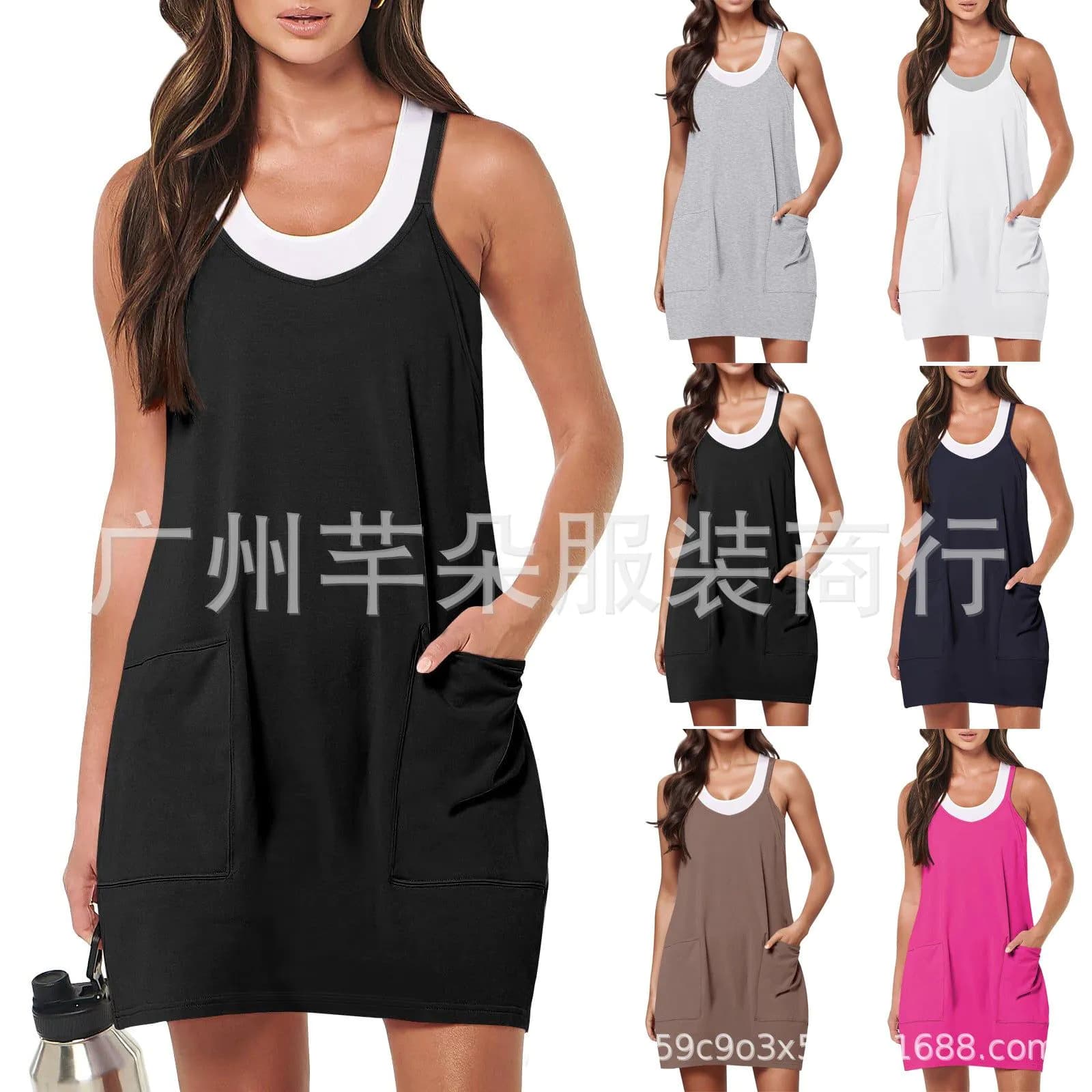 image-2023 Amazon Hot Sale Solid Color Fashion Casual Double Pocket Adjustable Buckle Suspender Shorts Dress Two-Piece Set for Women