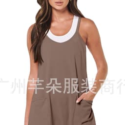 image-2023 Amazon Hot Sale Solid Color Fashion Casual Double Pocket Adjustable Buckle Suspender Shorts Dress Two-Piece Set for Women